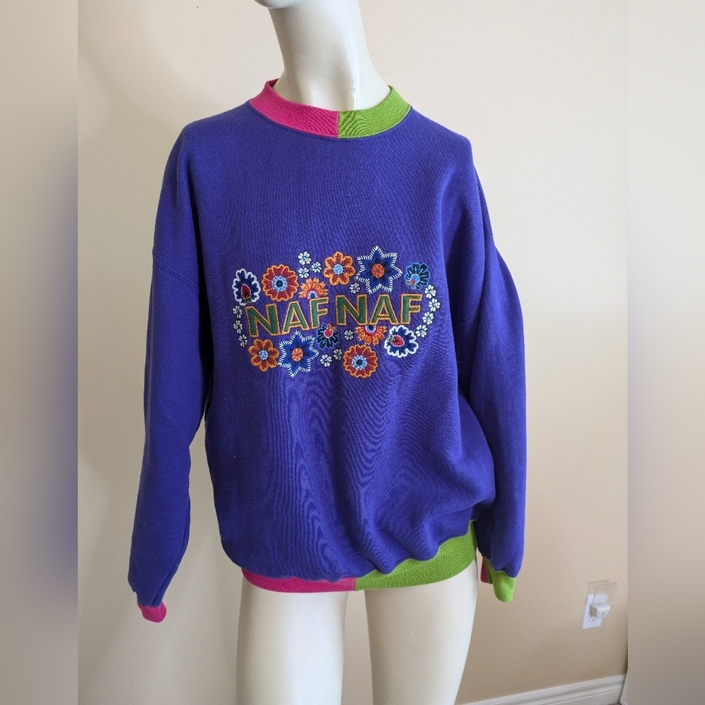 Vintage Naf Naf Purple Sweatshirt Floral Embroidered Womens Medium